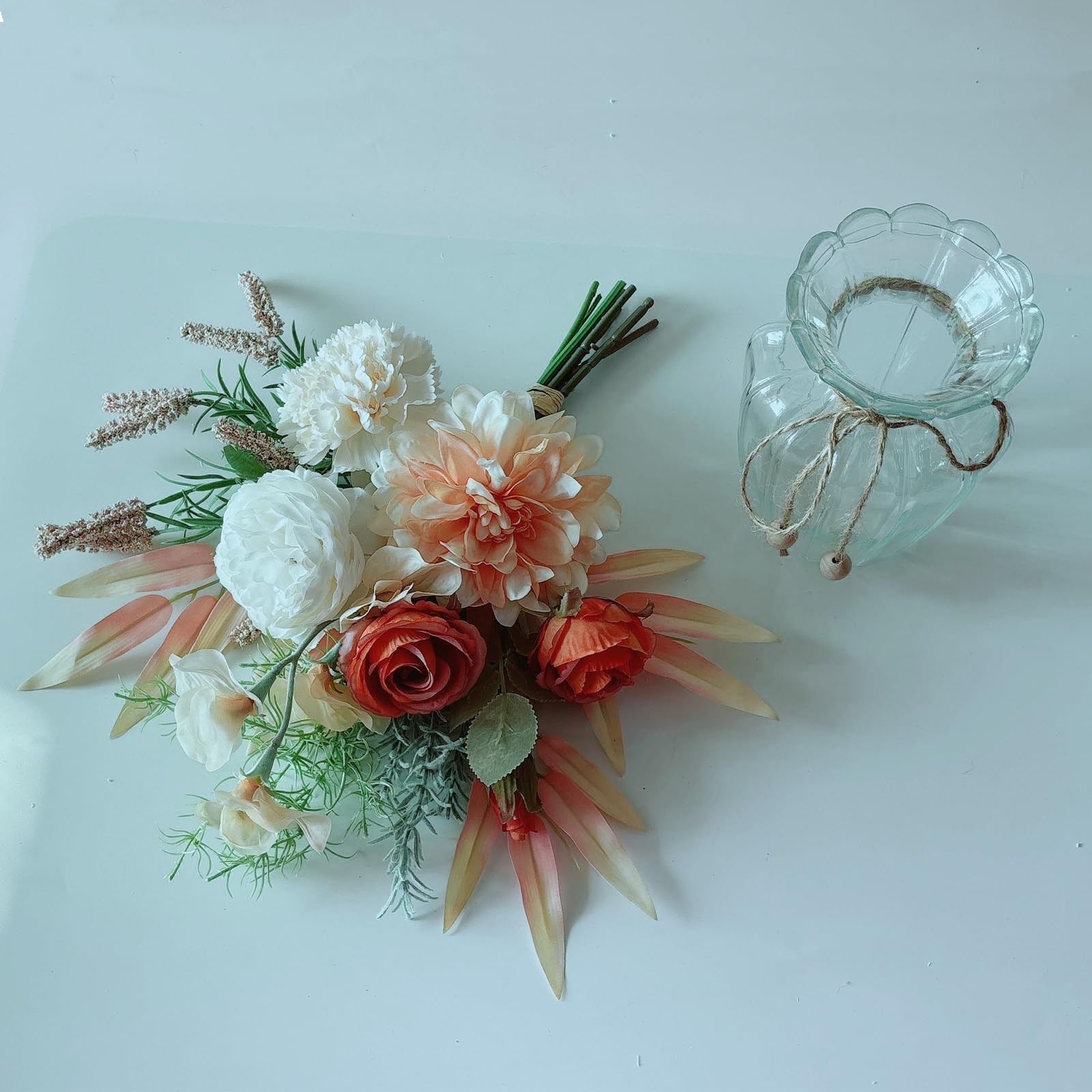 Artificial Faux Flower Arrangement Glass Vase Silk Floral Home Office Decor