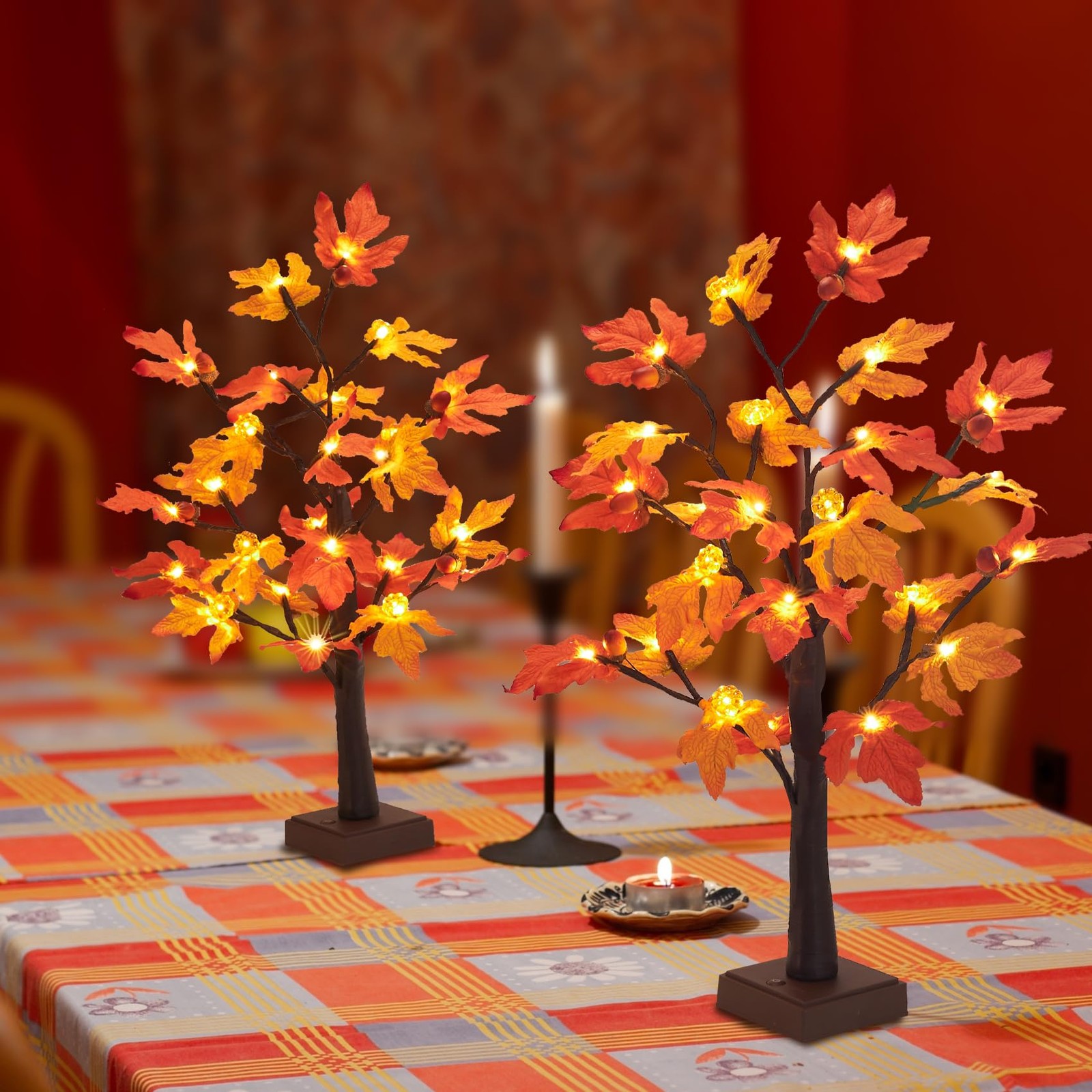 Fall Maple Tree Lights 2 Pack 24 Inch 48 LED Pumpkin Acorn Timer Battery USB