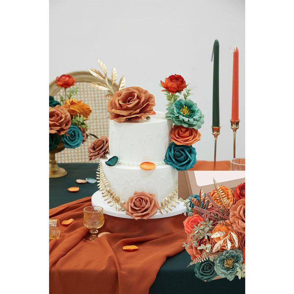 5 In. H Burnt Orange and Teal Artificial Silk Mixed Flowers for Wedding Party Ho
