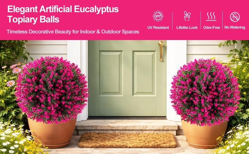 2 Set 26″ Artificial Boxwood Topiary Ball Trees with Pink Eucalyptus Accents