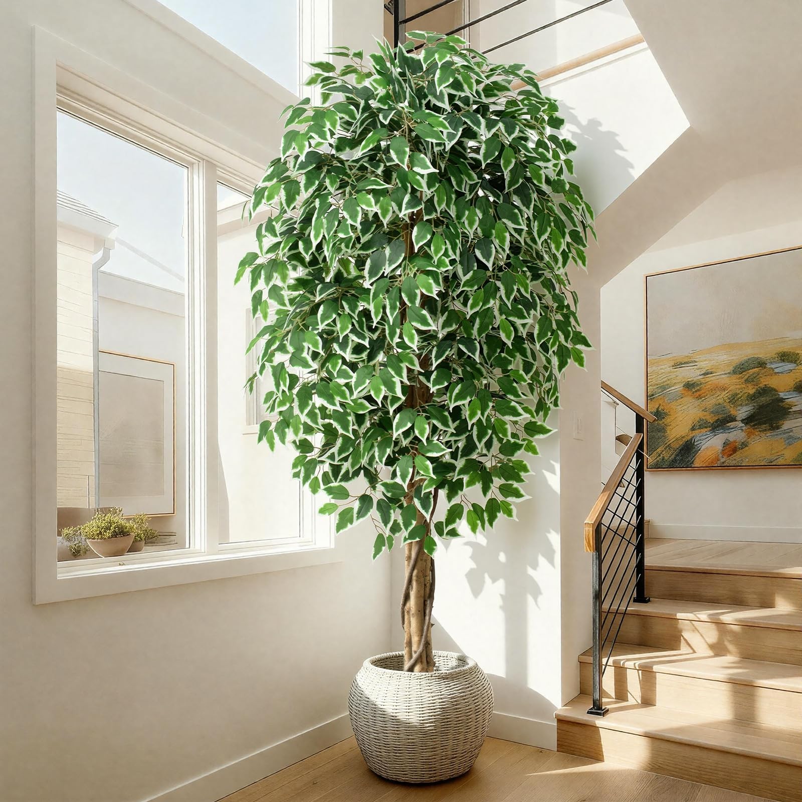 6.2ft Ficus Artificial Trees with 3 Natural Curved Trunks, 74″ Tall Lush Faux…