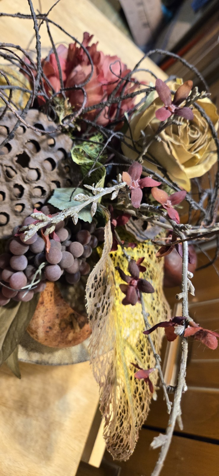Arrangement of Dried Fruits & Flowers Centerpiece Metal Compote 14WX14WX13″Tall