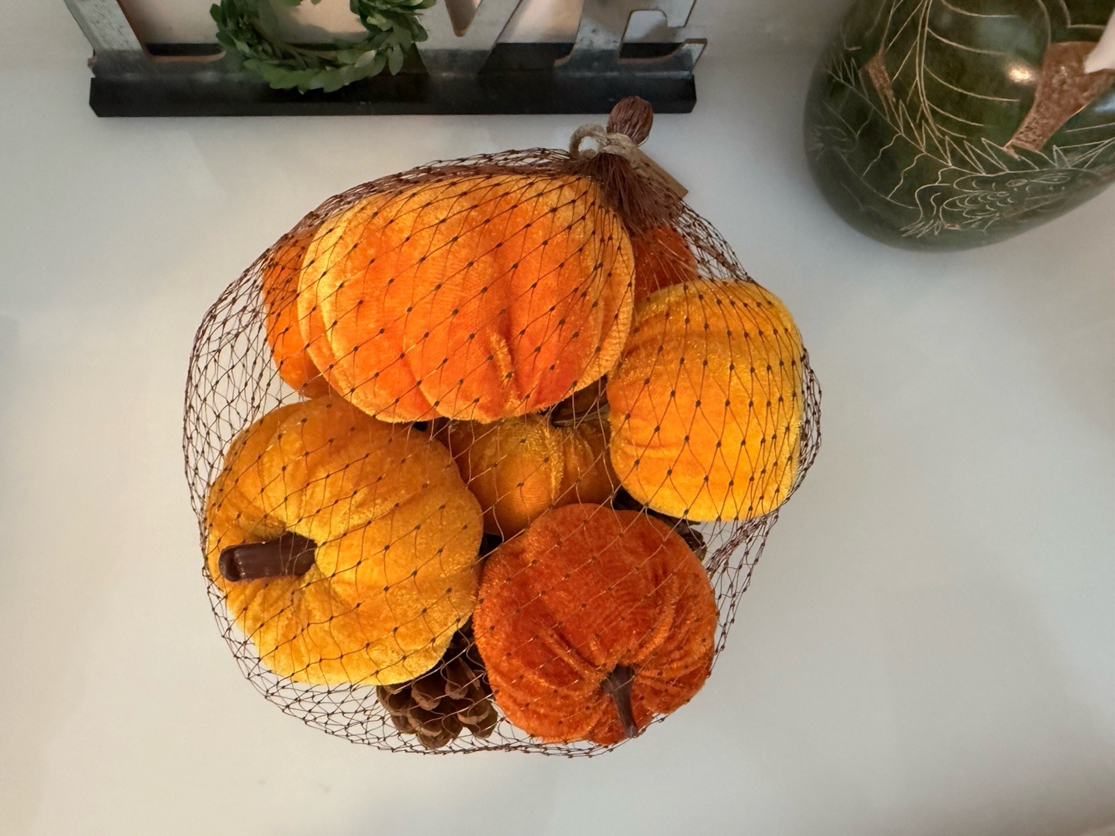 Fall 16 Pcs Velvet Pumpkin and Pinecones Net Bag Decoration Set Assort Sizes New