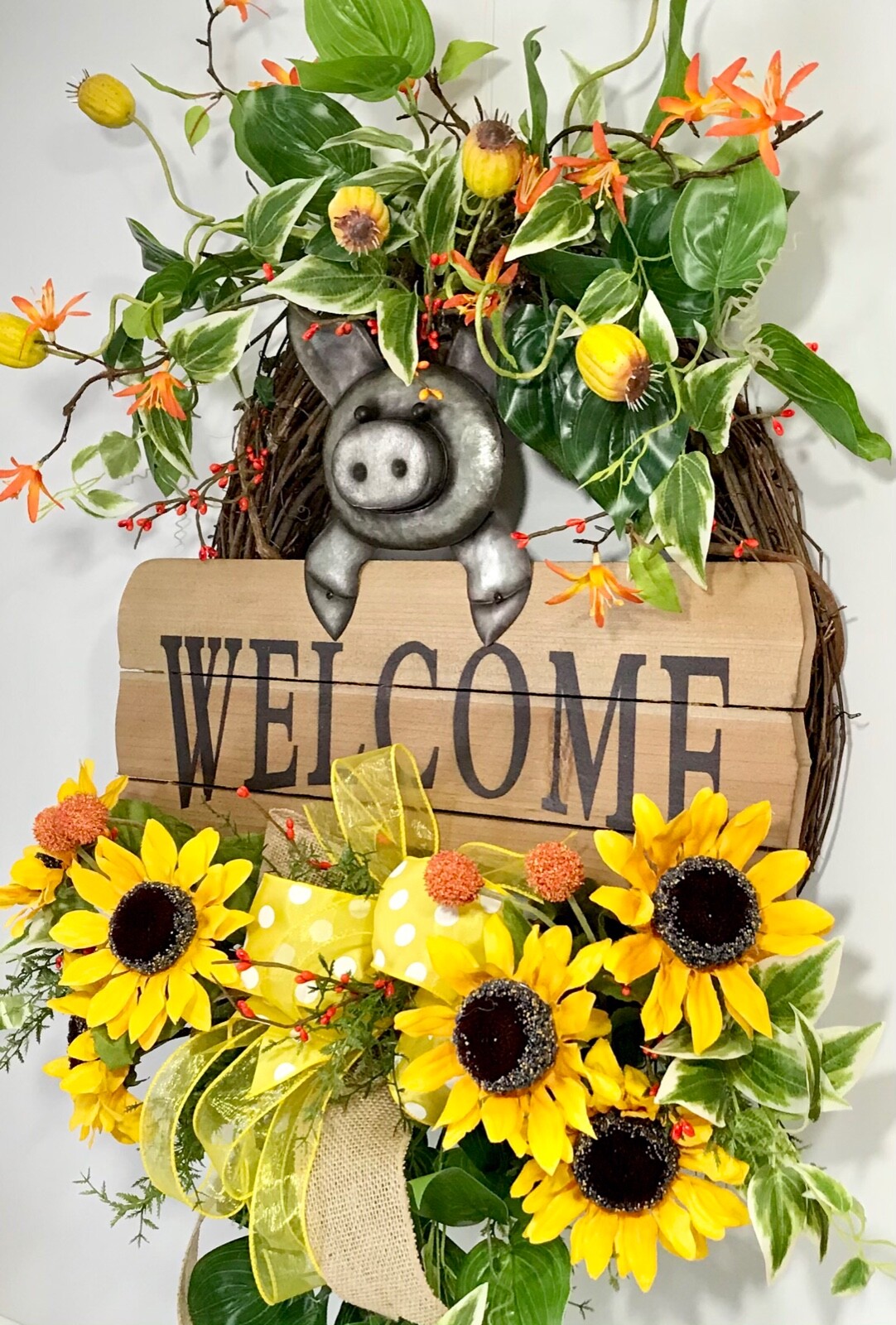 BRIGHT SUNFLOWER GRAPEVINE SUMMER WREATH METAL PIG WOOD WELCOME SIGN DECOR NEW
