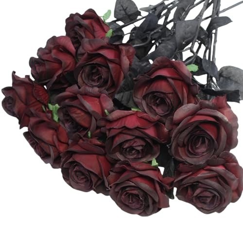 Artificial Roses Flowers, 12 Pcs Fake Burgundy Rose in Bulk, Long Stem Realis…