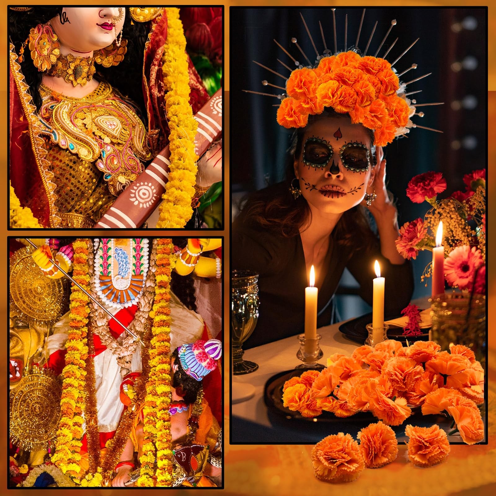 Cabezas de flores de caléndula de seda artificiales para Diwali, festival indio