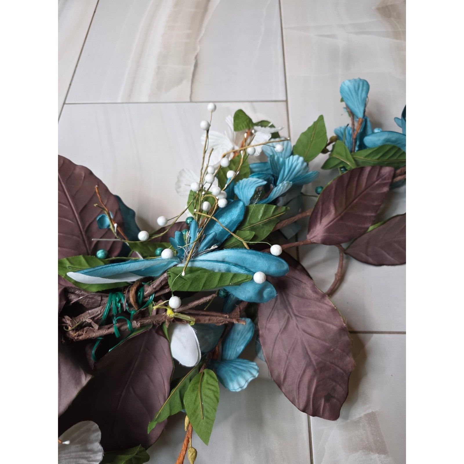 Large Teal & White Floral Wall Decor Metal Flower Wall Art 37″ Wide