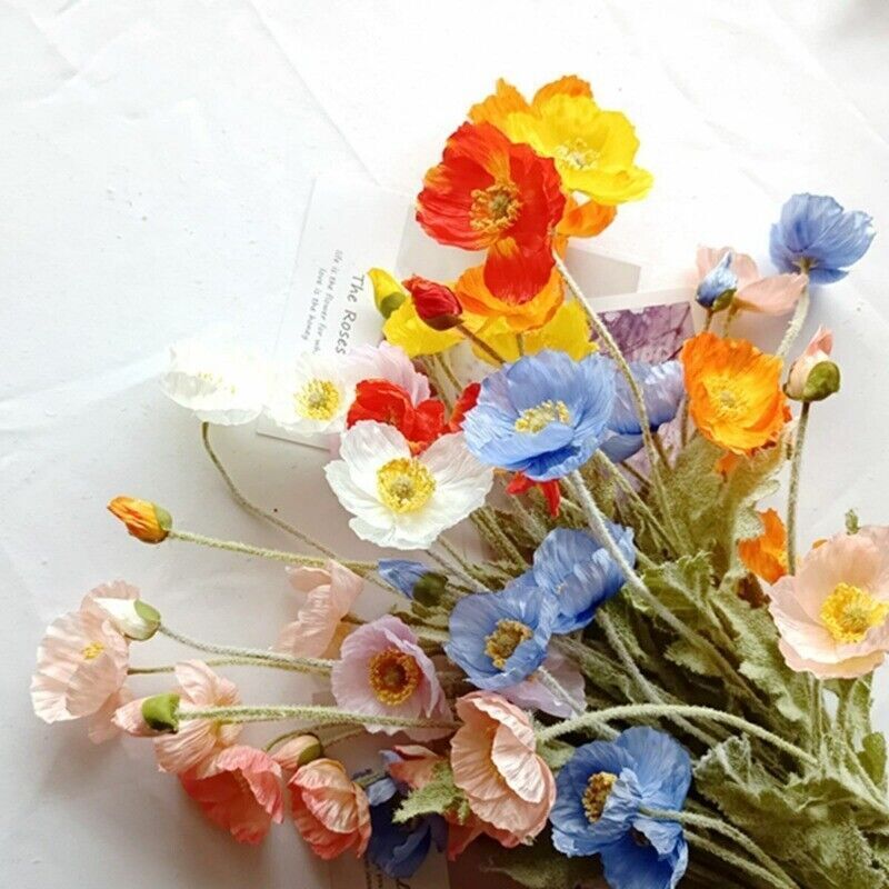 Artificial Poppies Flower Gorgeous Silk Papaver Rhoeas Flocking Stem Home Decors