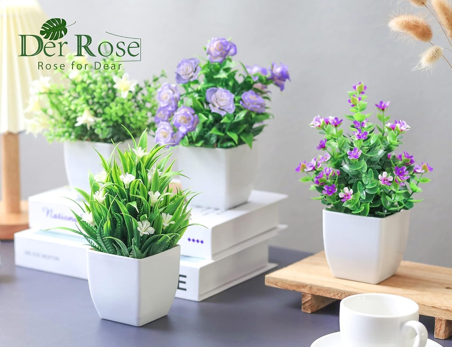 4 Pack Small Fake Plants Mini Artificial Faux Plants Indoor with Flowers Spring