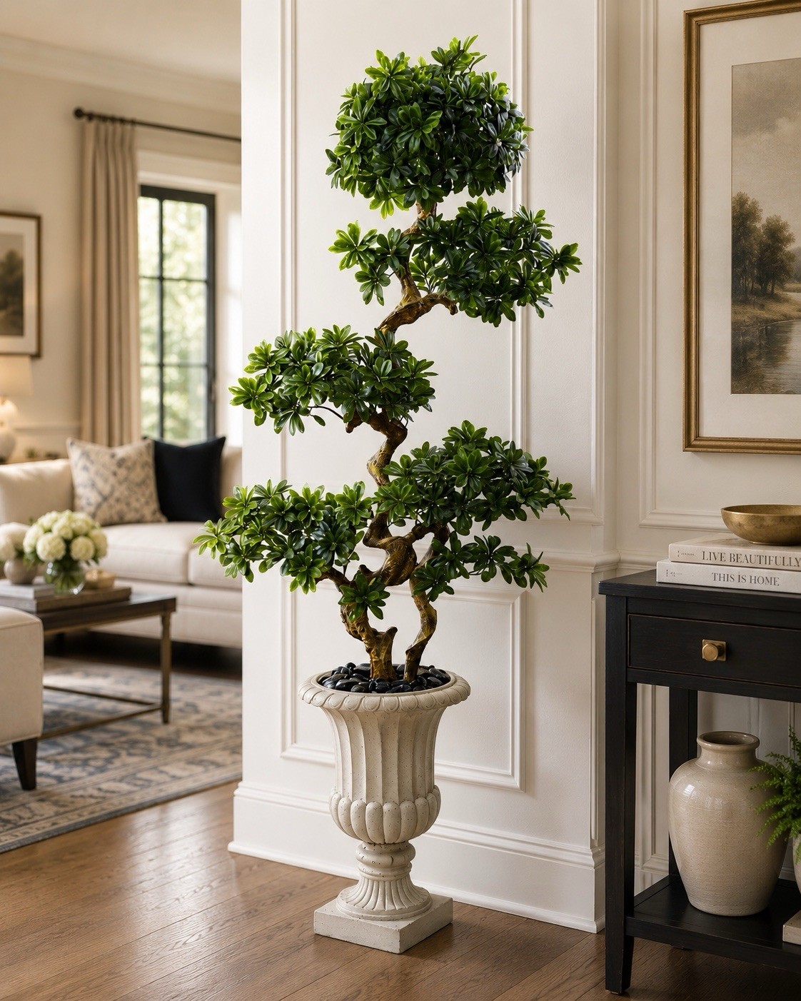 6′ Artificial Pittosporum Tree in Decor Urn UV (Indoor/Outdoor). Retail $499