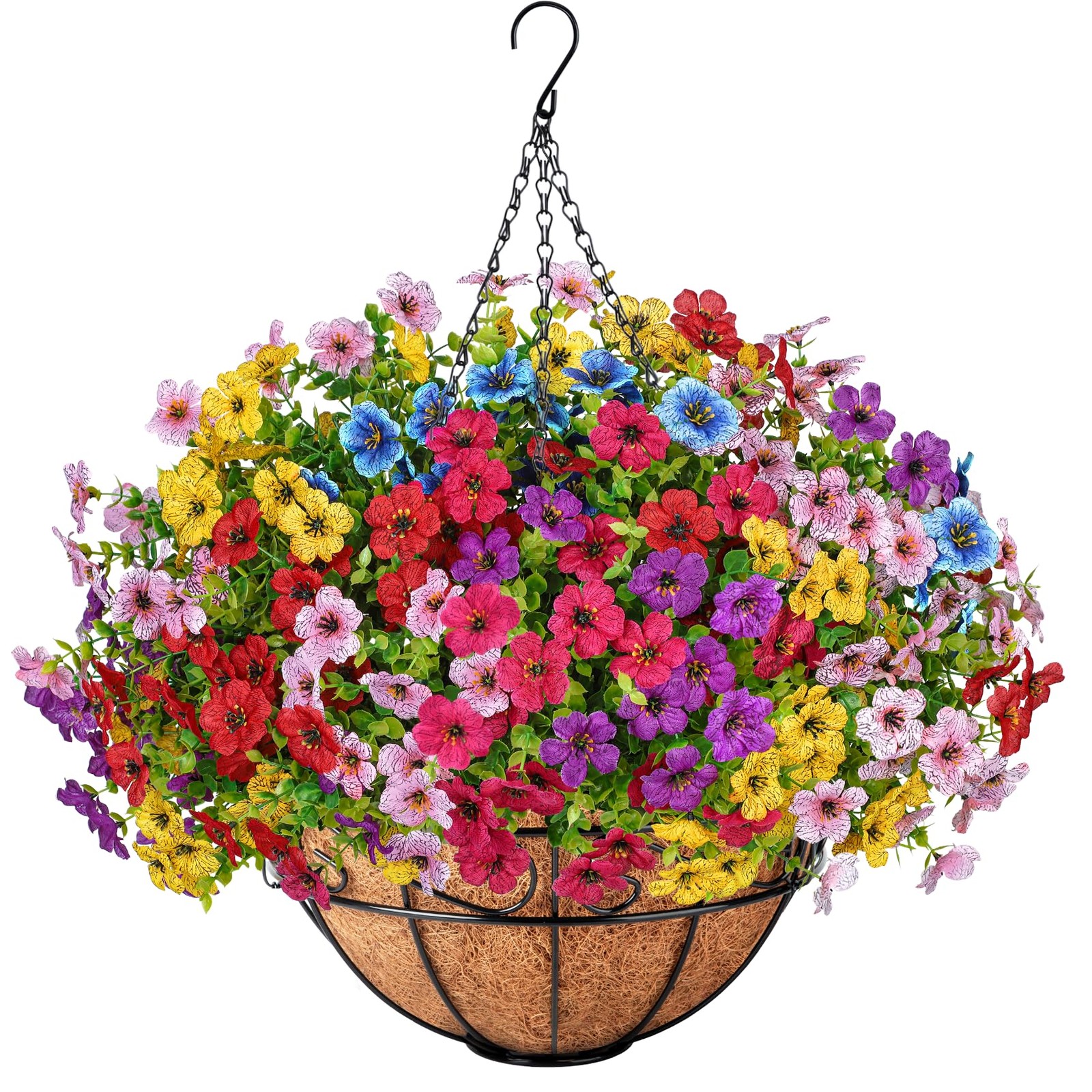 Artificial Hanging Flowers with Basket, Fake Hanging Plants with Faux Silk Fl…