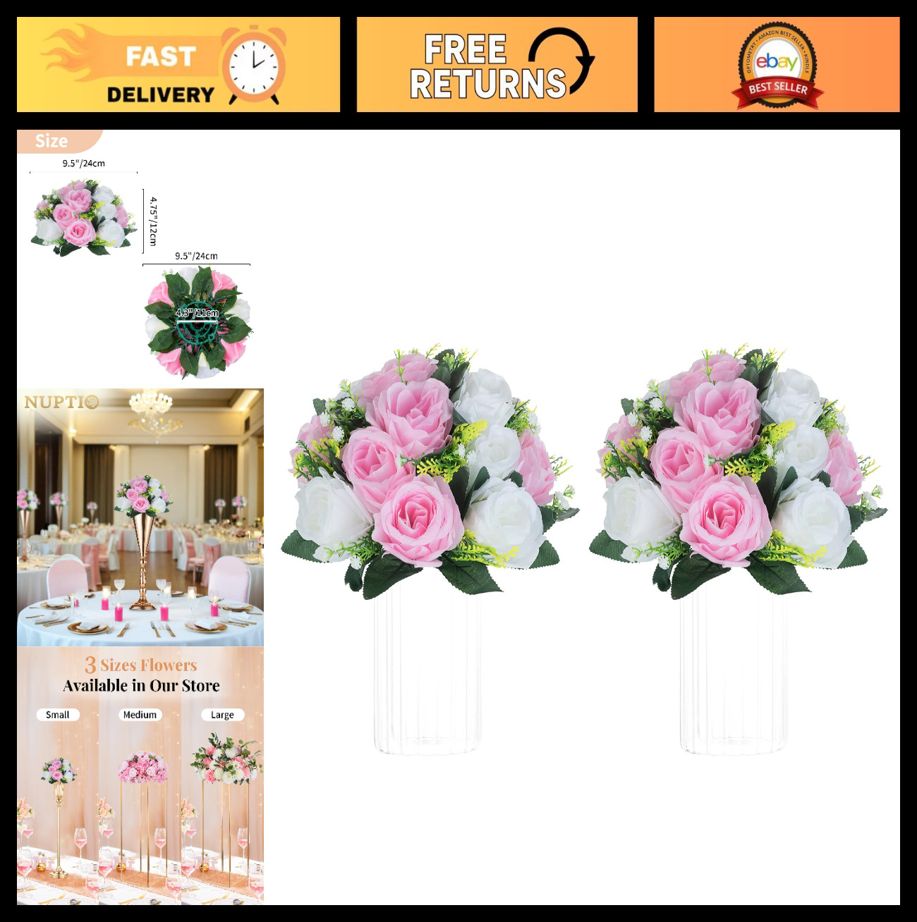 Pink & White Artificial Flower Balls – 2 Pcs Silk Rose Centerpieces, 9.5in for W