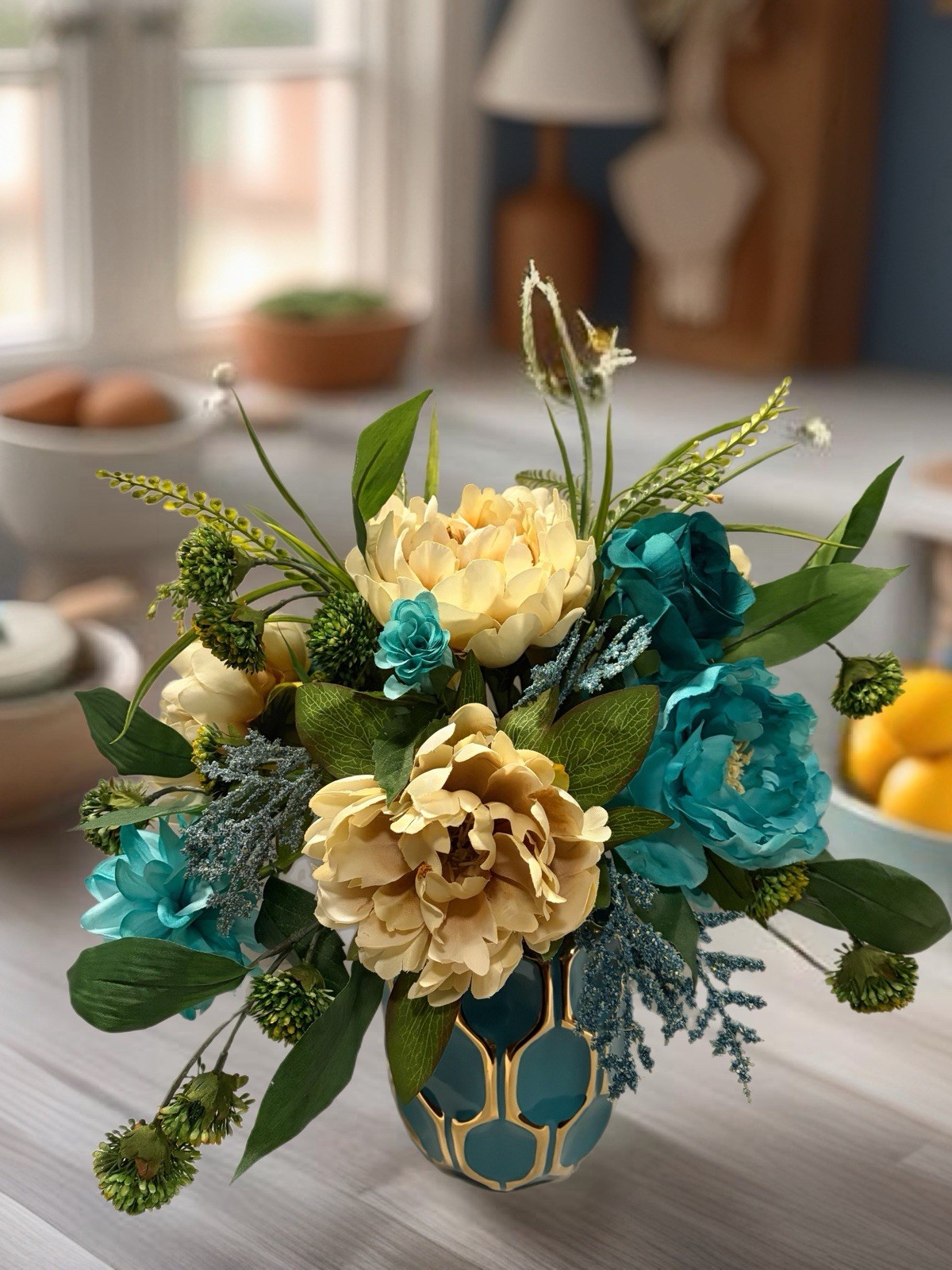 Floral Arrangement Turquoise And Ivory In Turquoise & Gold Vase Modern 18”x16”