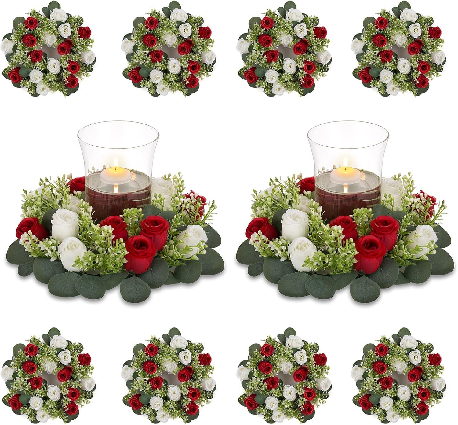 Crimson & White Artificial Rose Centerpiece – 10 Pcs Candle Ring Wreaths