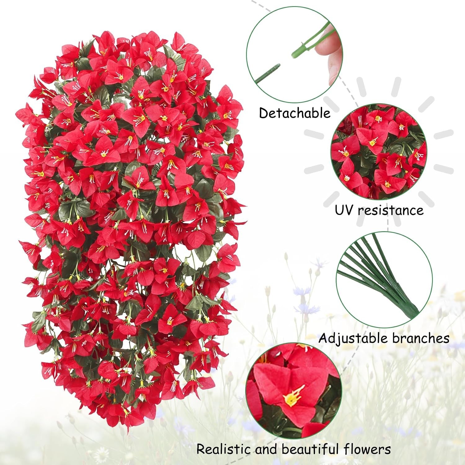 3 Pcs Artificial Bougainvillea Flowers for Outdoors, Red | Fake hanging plant…