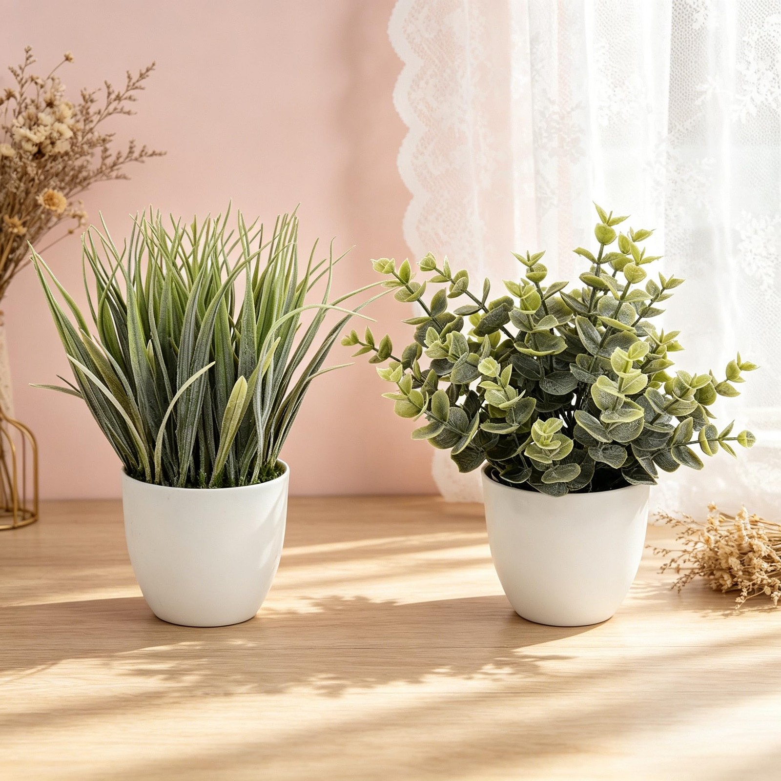 2 Pack Small Fake Plants, Artificial Eucalyptus Potted Plants for Spring and …