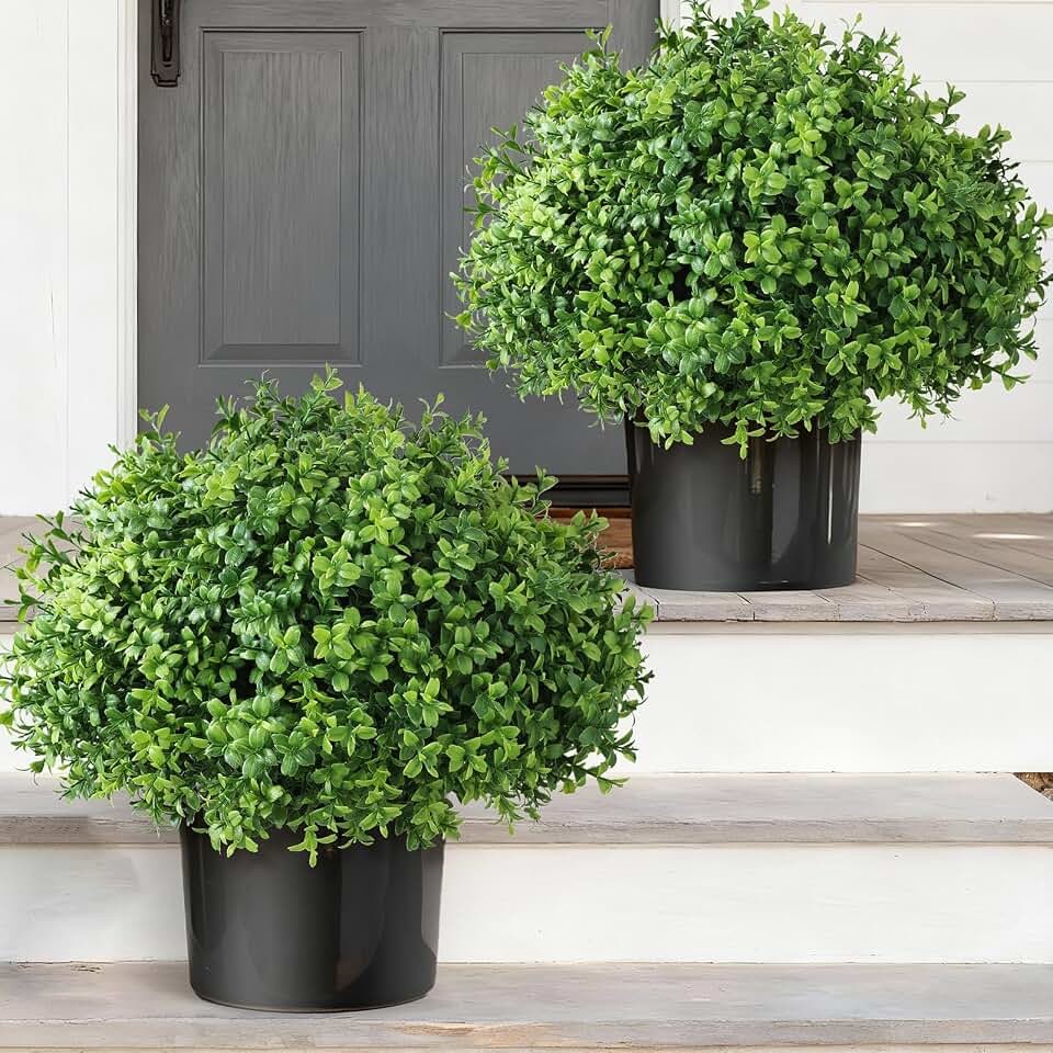 Set of 2 Artificial Boxwood Topiary Ball Trees UV Resistant Potted Plants
