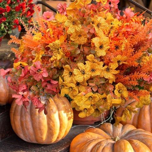 Artificial Fall Flowers for Outdoor, 16 Bundles Fake Fall Yellow Light Orange