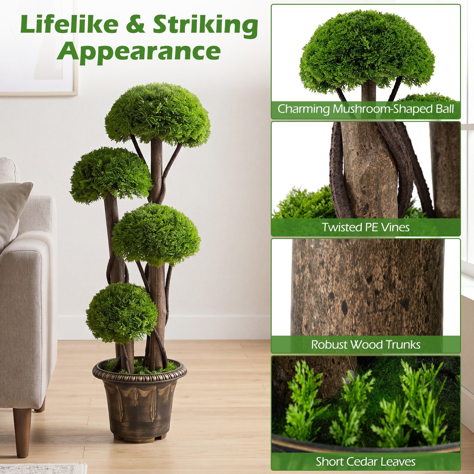 2PCS Artificial Cypress Topiary Ball Tree w/Retro Cement-filled Planter, Vines