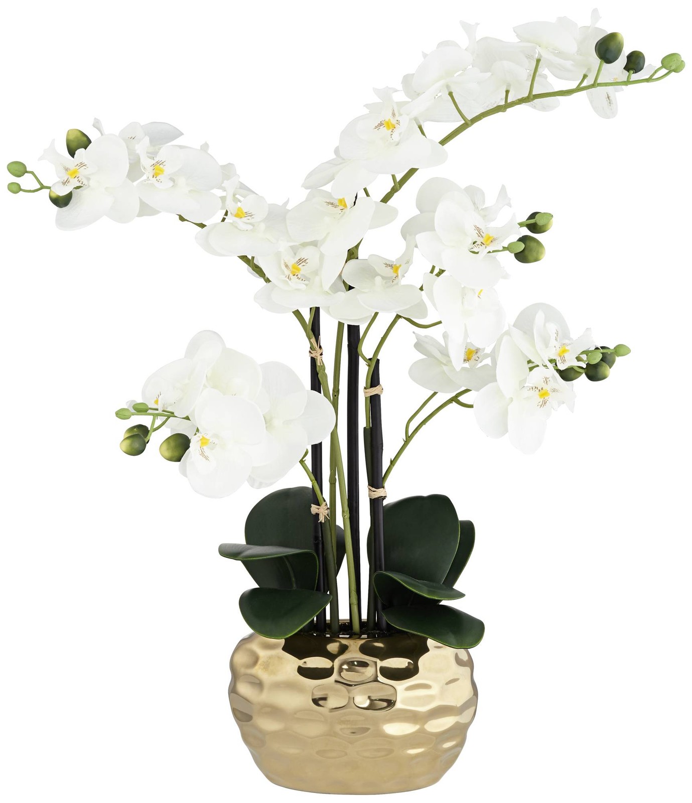 Potted Faux White Phalaenopsis Artificial Flowers in Silver Gold Pot Home Decor