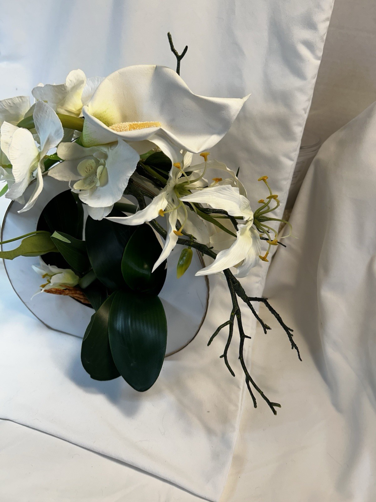 White Silk Floral Arrangement, Centerpiece contemporary Asian Zen Orchids, Lilly