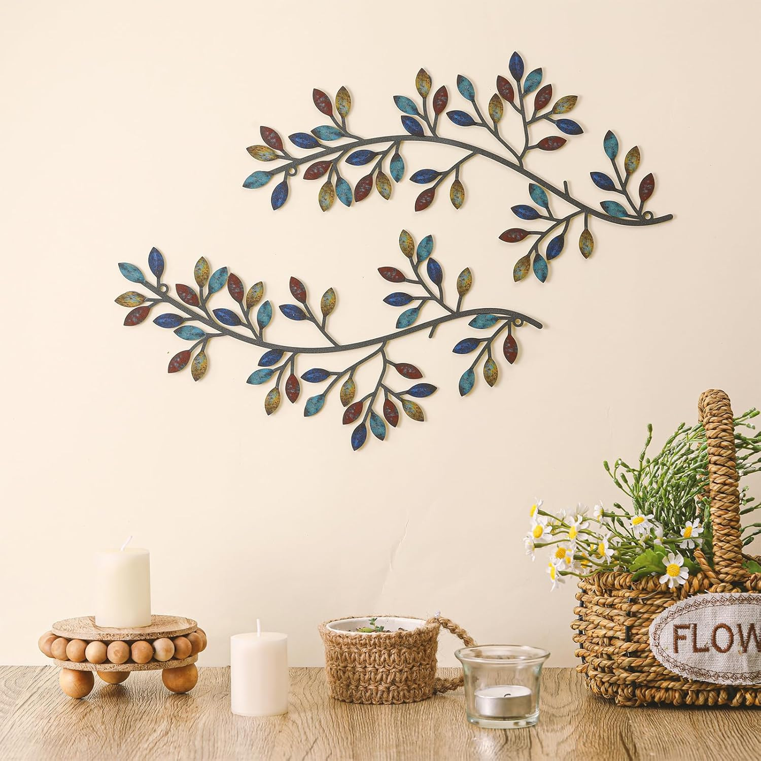 2 Pieces Metal Tree Leaf Wall Decor Vine Olive Branch Leaf Wall Art Wrought Iron