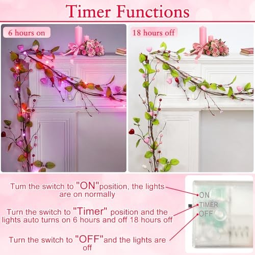 Timer – Lighted Christmas Valentines Garland Valentines Day Decorations, 6 Ft