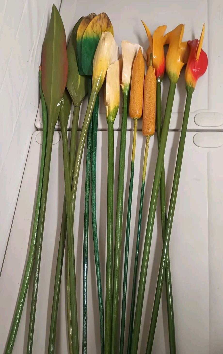 VTG Wood Tropical Flowers Long Stem 36″ Leaves Lot Of 13 Wooden Painted Carved