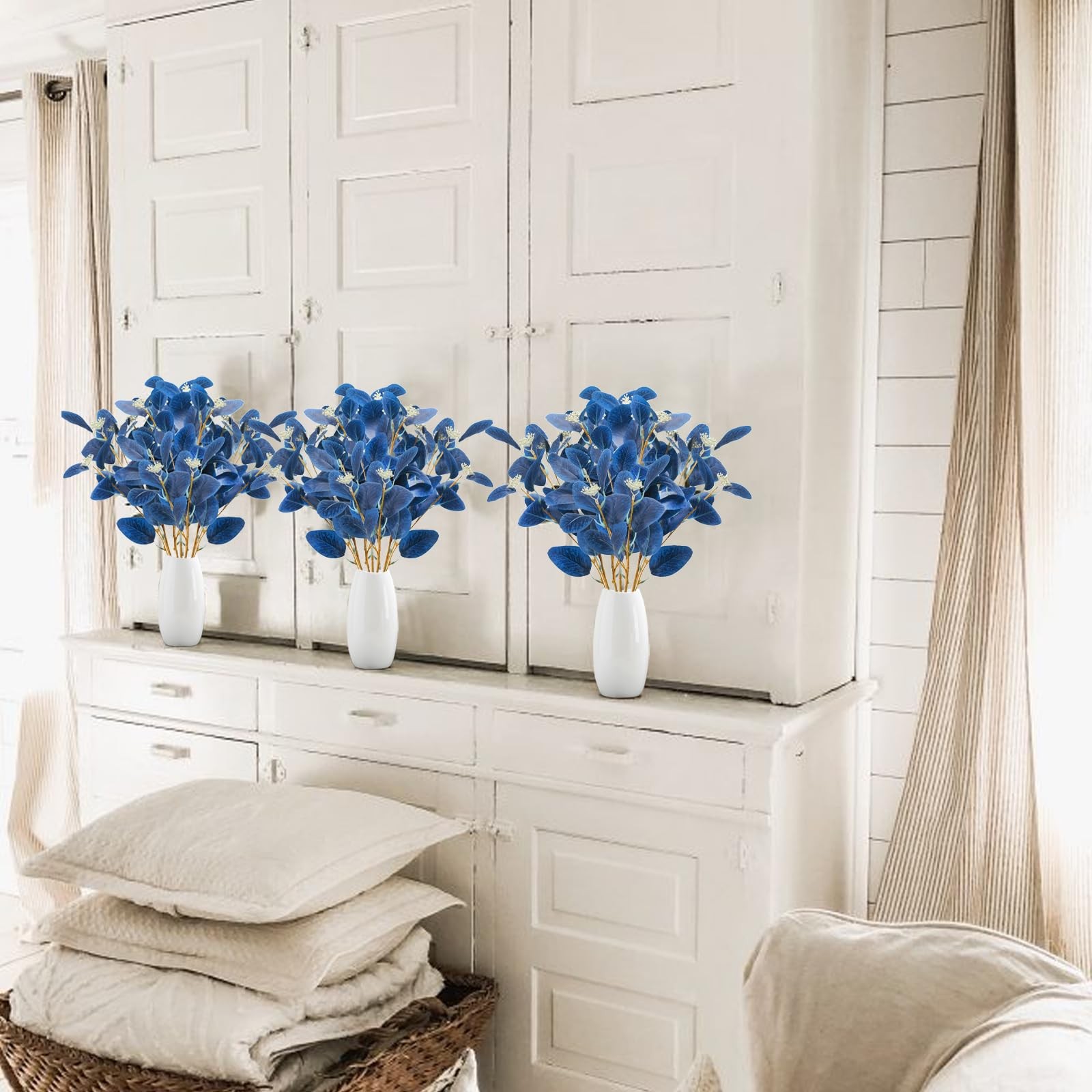 15PCS Artificial Blue Eucalyptus Stems Faux Greenery Stems with Seeds Blue Eu…