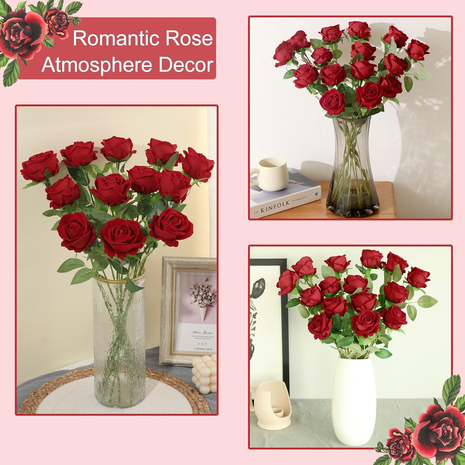 12Pcs Red Roses Artificial Flowers Fake Roses Faux Velvet Silk Flower for Hom…