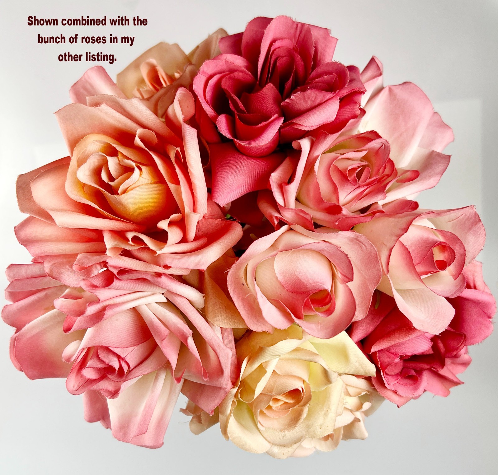 6 True VINTAGE long stem silk roses pink cream ombre faux artificial 15″