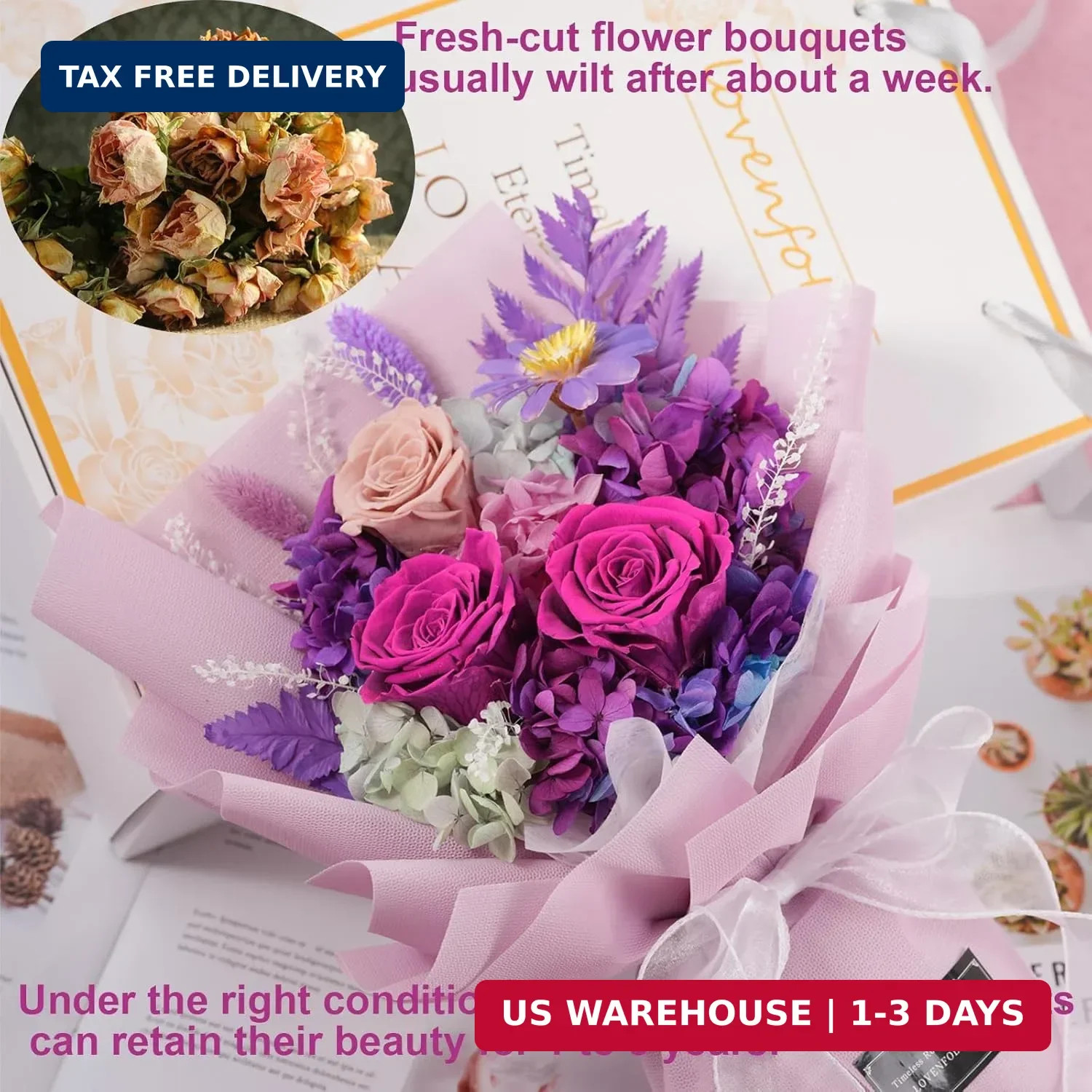 lovenfold Preserved Flowers for Delivery, Purple Rose Bouquets That Last 1-3 Yea