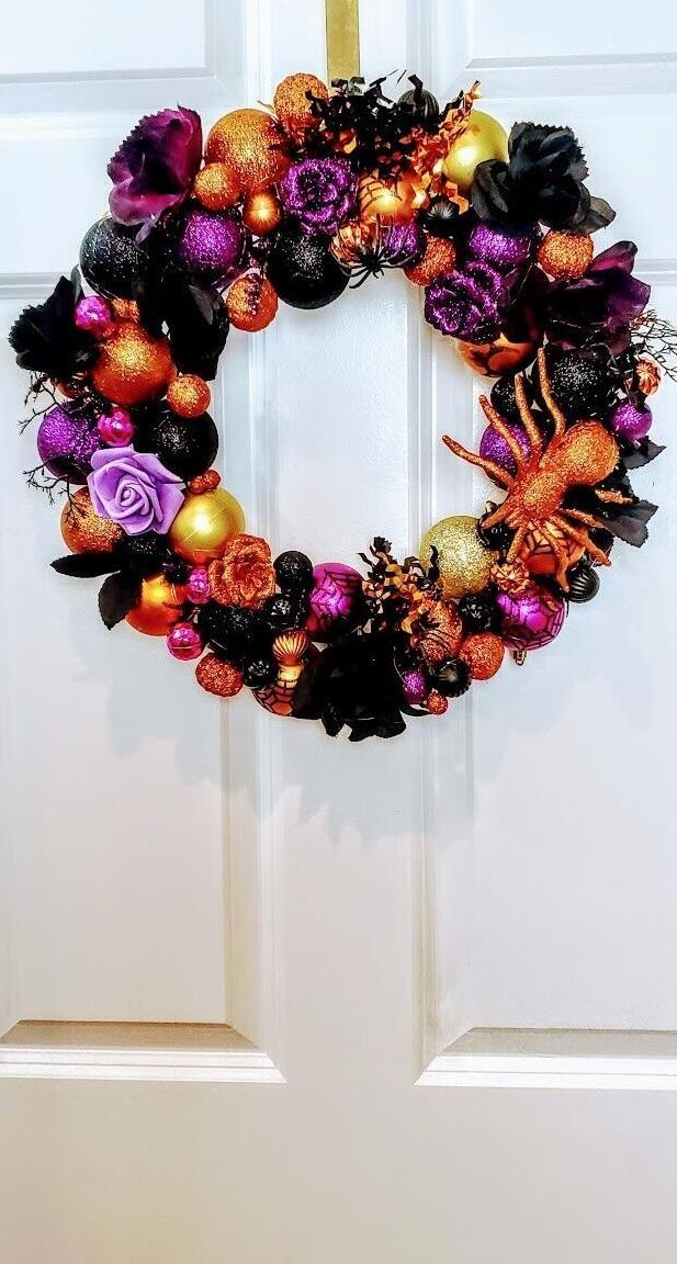 Halloween Ornament Wreath Large 18″ Handmade Front Door Glittered Rose Decor