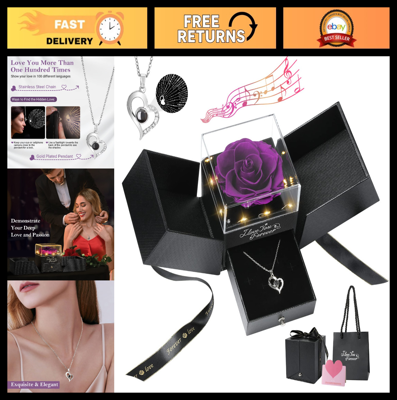 Eternal Preserved Rose Gift Box with Heart Necklace – Romantic I Love You Gift f