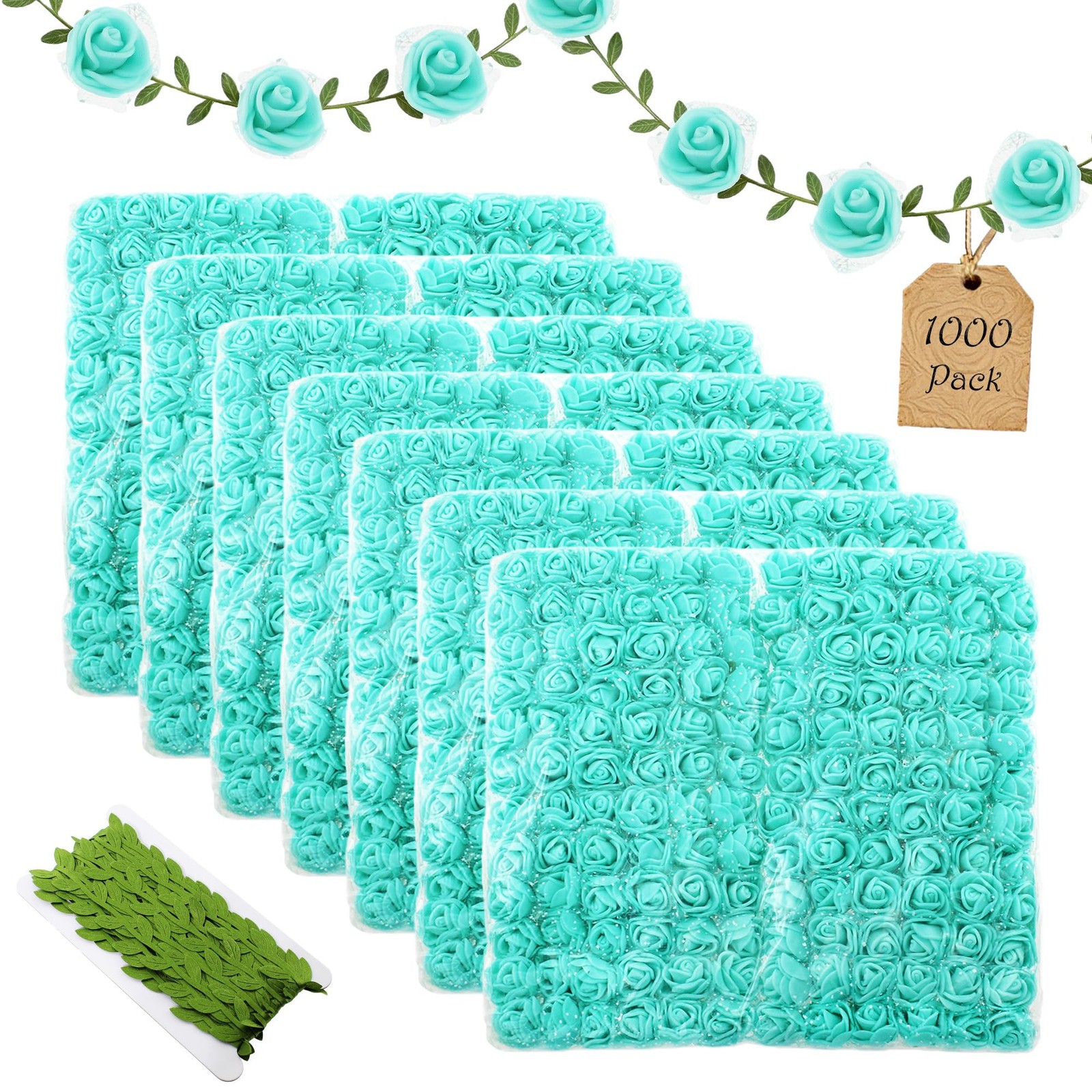 1000 PCS 0.6 Inch Mini Fake Rose Head Small Foam Artificial Teal Green