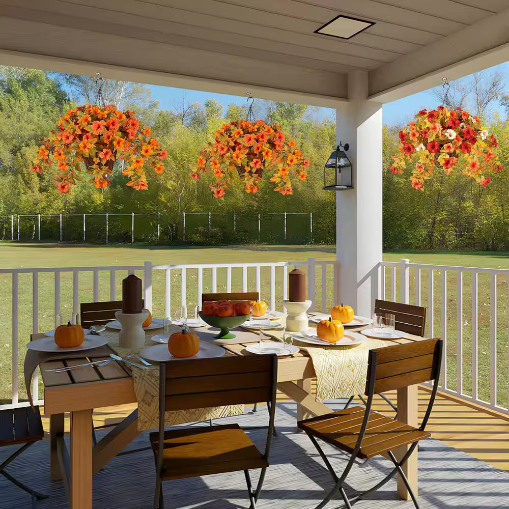 25 In. Orange Yellow Indoor/Outdoor Hanging Artificial Petunia Flowers in Brown