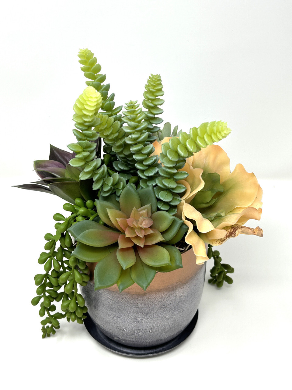 11″ Unique Artificial Succulent Garden #1 mixed arrangement, 5″ Metal Planter
