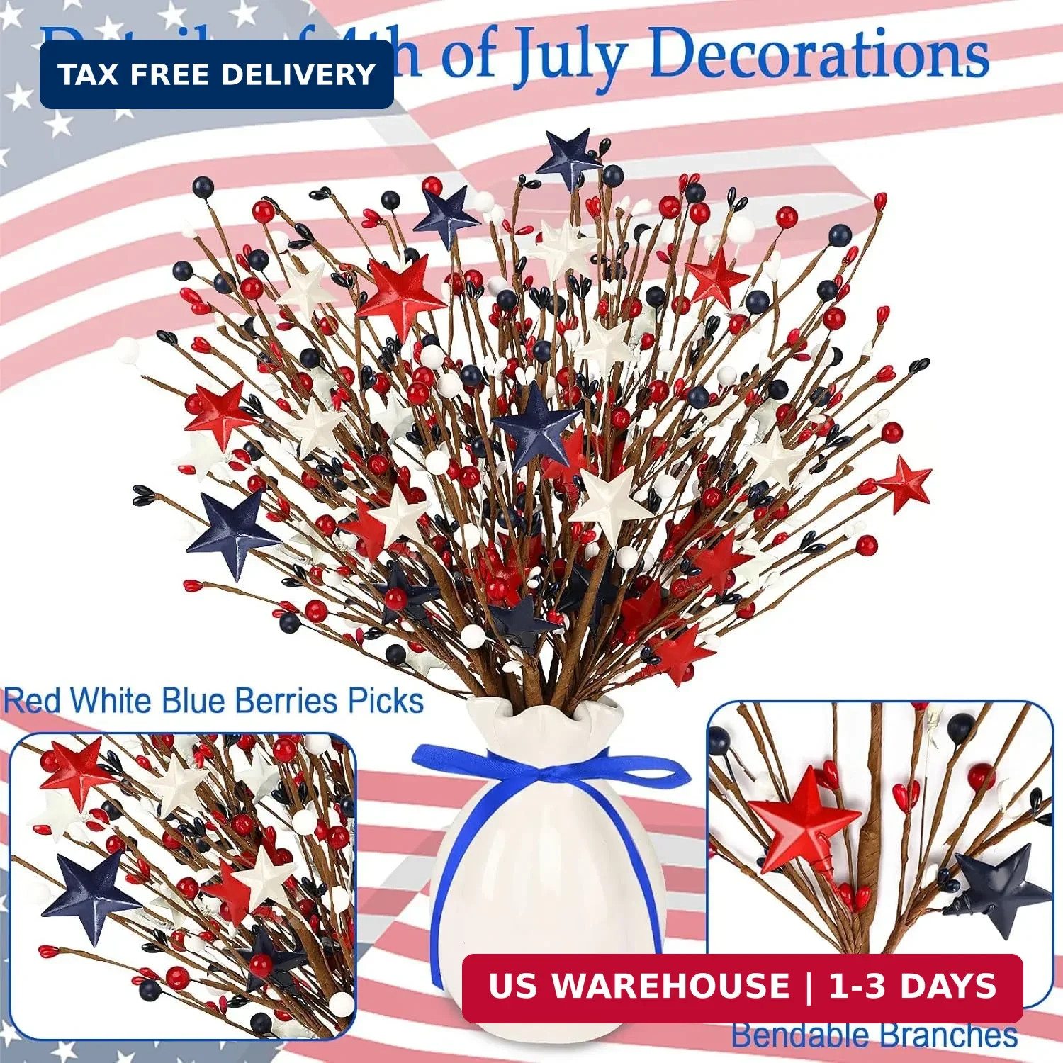 JUNEBRUSHS 6 Pack Patriotic Artificial Berry Stem Picks Red White and Blue Artif