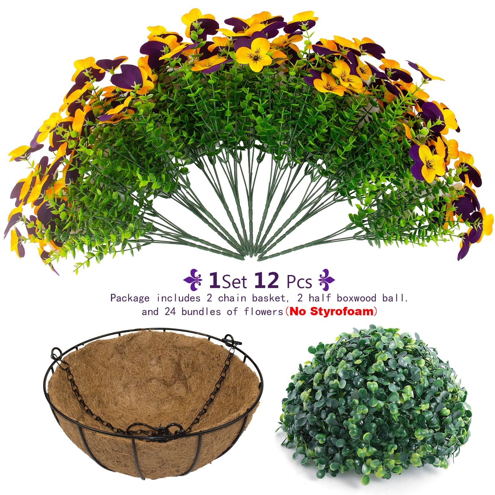 2 Set Artificial Outdoor Pansies Flowers with Hanging Baskets, 2 Hanging Plan…
