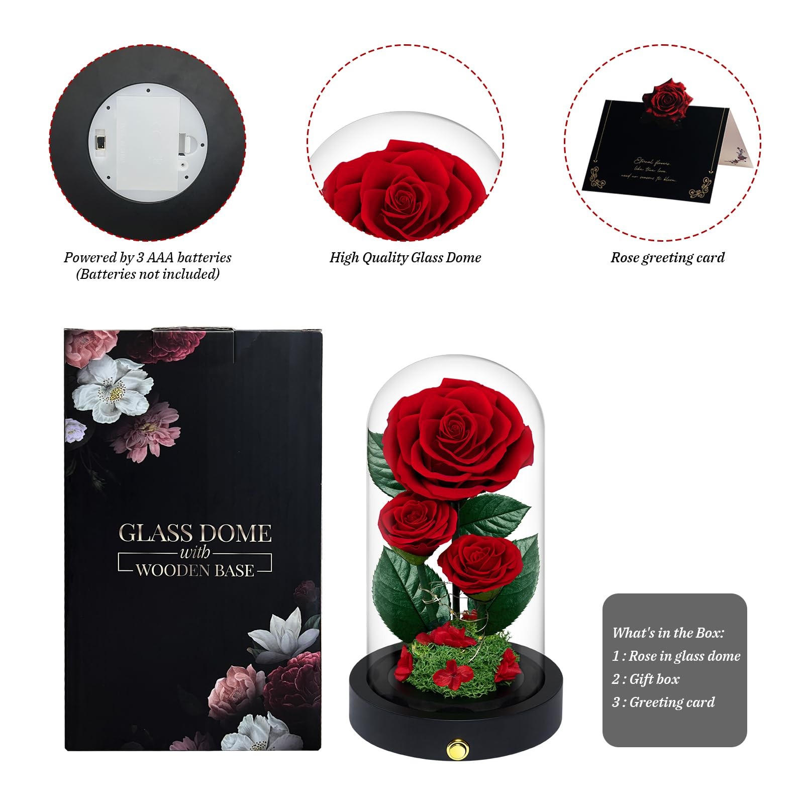 3 Preserved Flowers Roses in Glass Dome for Beauty and The Beast Decor Real R…