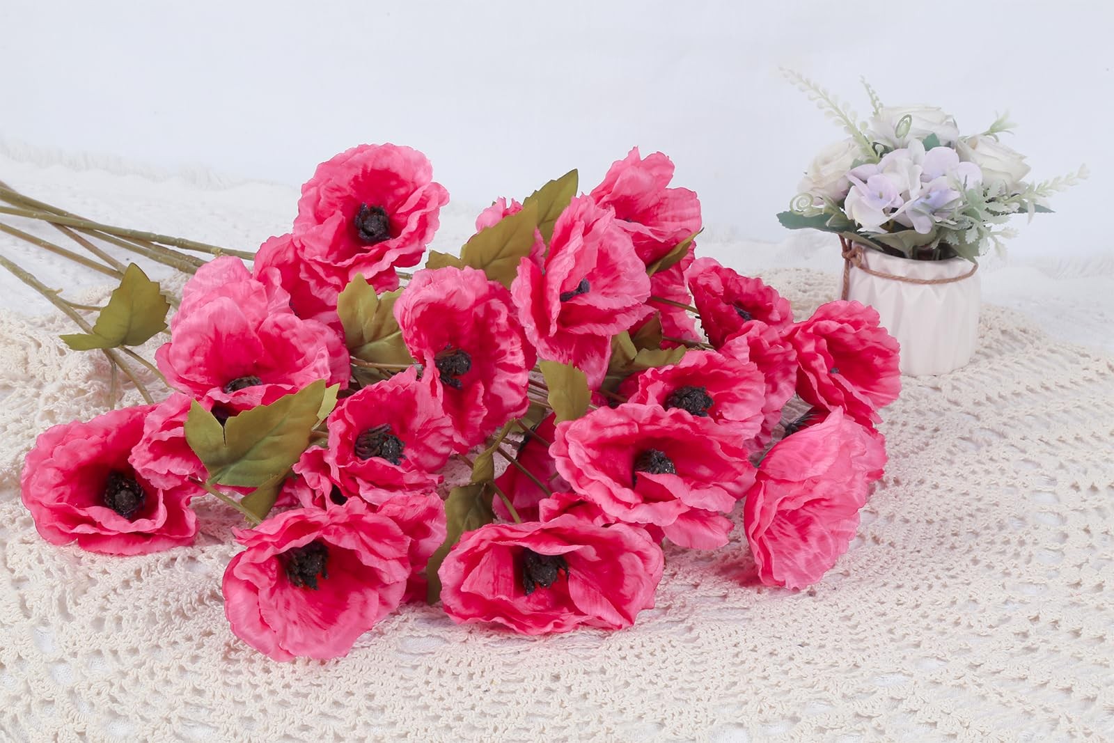 6 PCS Hot Pink Artificial Poppies Silk Flowers 32 Inch Wedding Party Decor