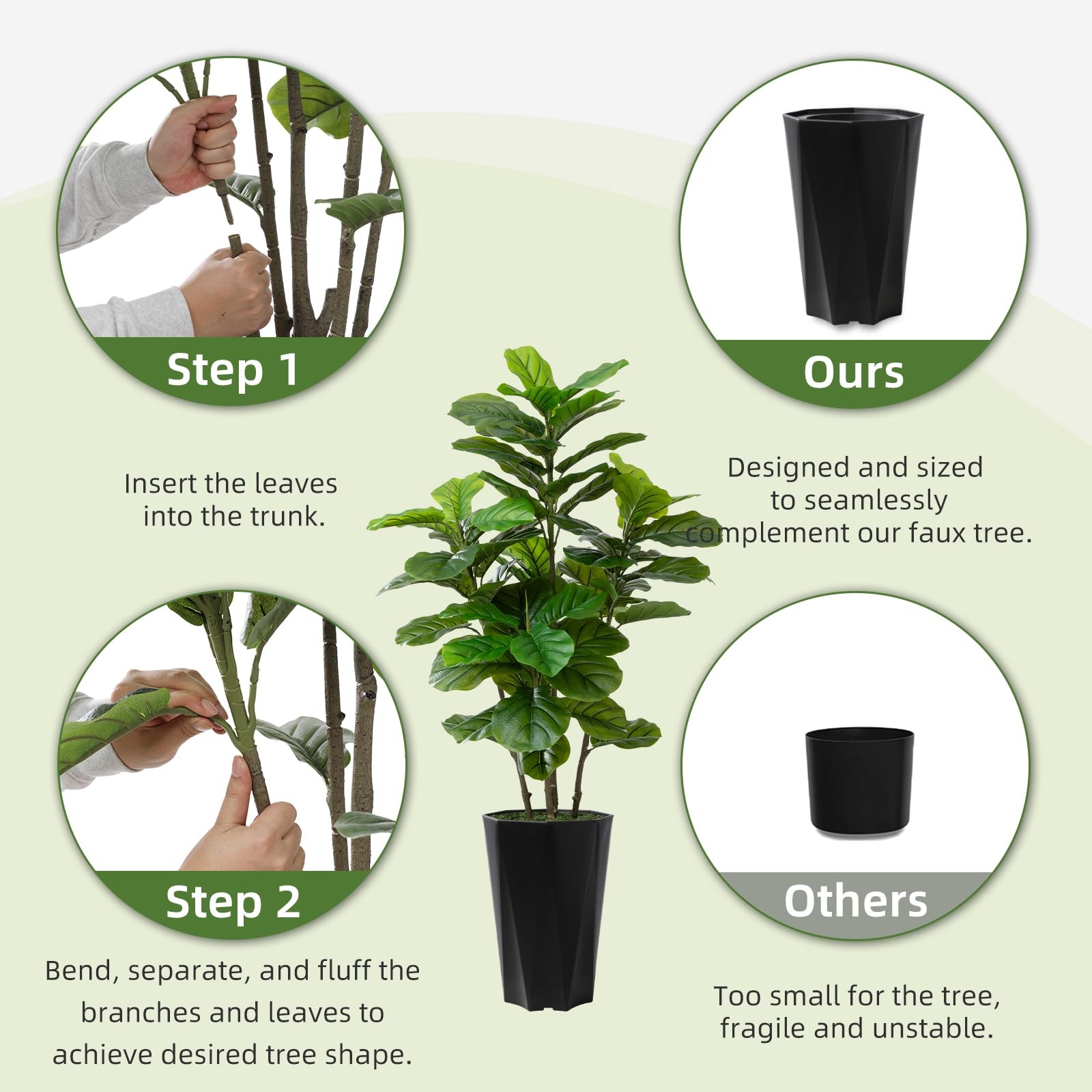 Artificial Fiddle Leaf Fig Tree 5FT – Faux Fig Tree with Black Diamond Plante…
