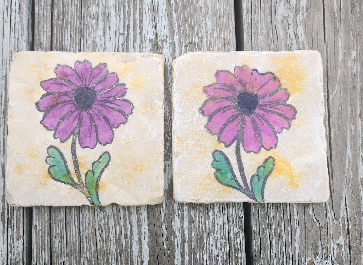 Handmade Floral Stone Tile Coasters Set 6 Flower Art Unique Home Decor Gift
