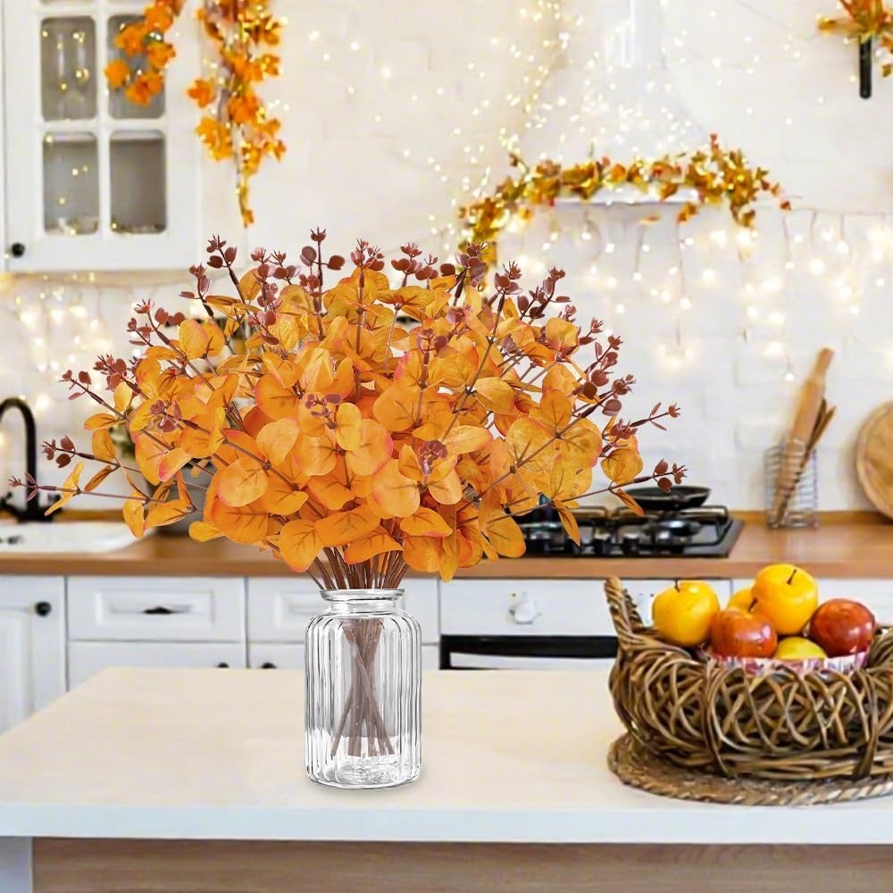 12 Pcs Orange Eucalyptus Stems – Fall Artificial Flowers for Autumn Decoration