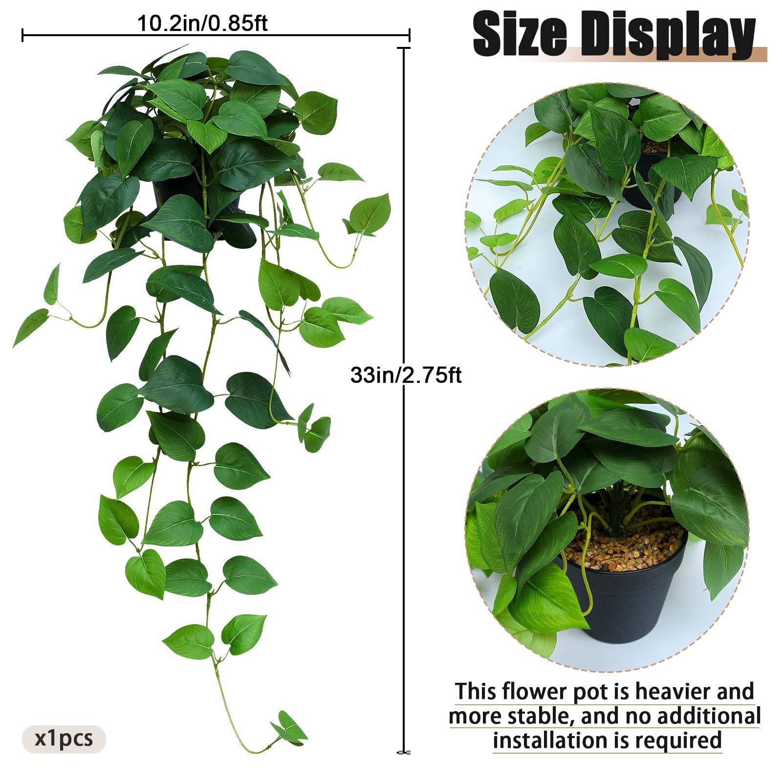 Fake Pothos Hanging Plants 33 Inch Potted Artificial Faux Silk Vines Indoor