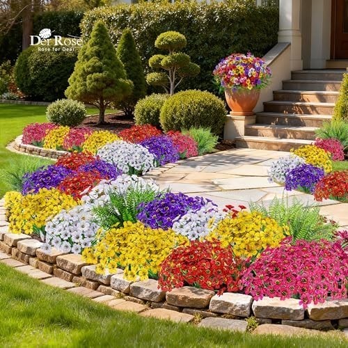 24 Bundles Artificial Flowers for Outdoors Fake Ferns UV Resistant Faux Spring