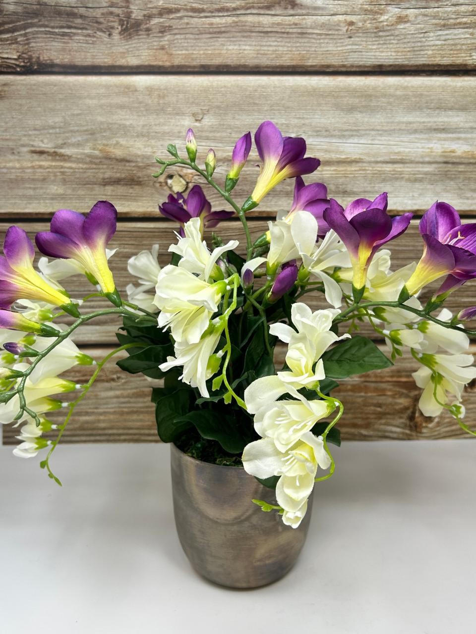 15″ Silk White & Purple FREESIA flowers in 5″ rustic Silver Metal Pot, handmade