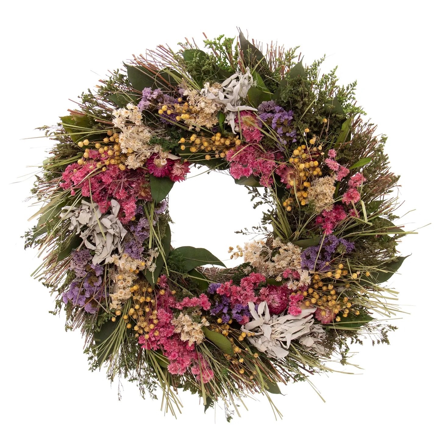 18″ Dried Floral Wreath with Sage Pink Purple White Flowers Front Door Decor