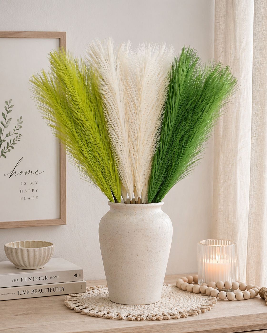 Green Pampas Grass Bundle 16 Stem Faux Pampas White and Green Boho Decor Vase Fi