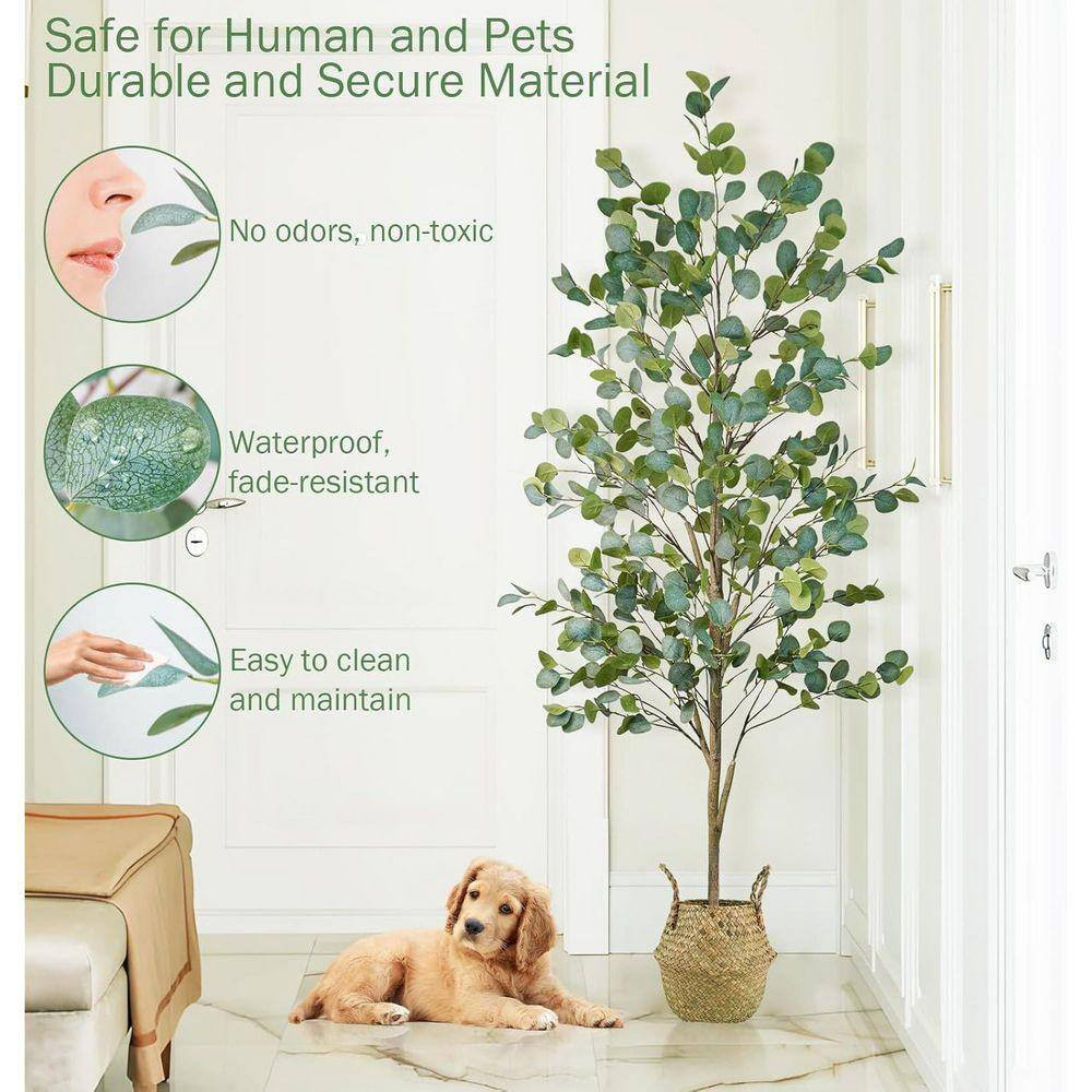 72 in Artificial Eucalyptus Outdoor Fake Floor Plants with Natural Wood Trunk